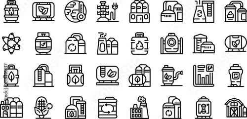 Biogas plant icons set. Biogas production process using organic matter, highlighting renewable energy, sustainable agriculture, and environmental benefits