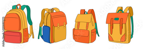 A set of school backpacks and bags in vibrant colors, designed for children. This hand-drawn vector illustration features a modern flat cartoon style.