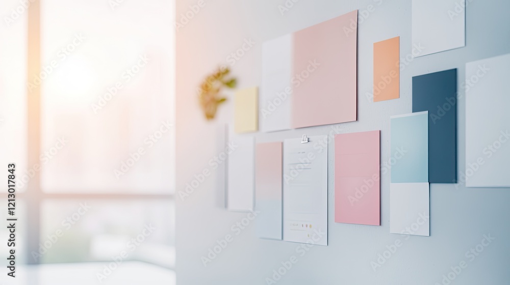 Fototapeta premium concept wall in planning studio featuring colorful project drafts and vibrant mood boards