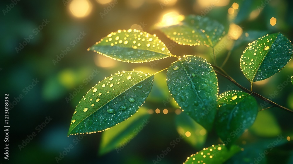 Golden Hour Dewdrops on Lush Green Leaves Golden Hour Dewdrops on Lush Green Leaves