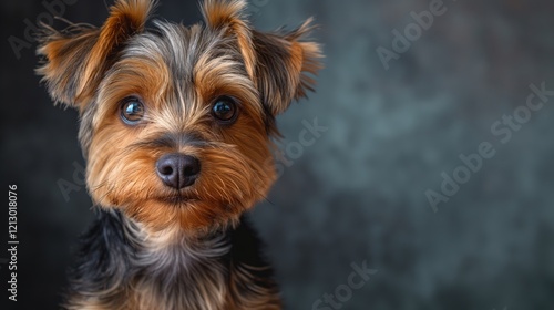 Portrait of cute joyful Yorkshire Terrier, pet dog animal banner with copy space. York portrait