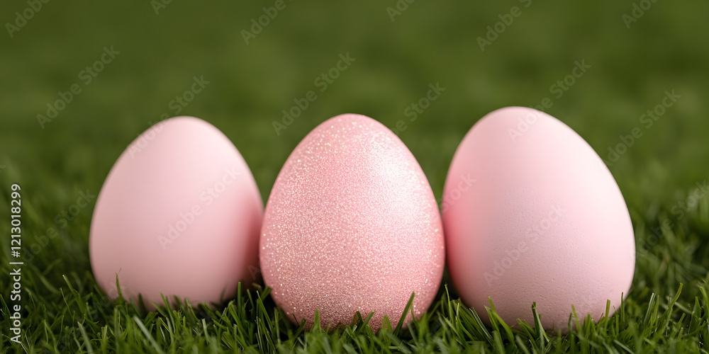 Three pastel pink eggs nestled in lush green grass. A simple, spring-themed image, perfect for Easter or springtime celebrations. Three pastel pink eggs nestled in lush green grass. A simple, spring-themed image, perfect for Easter or springtime celebrations.