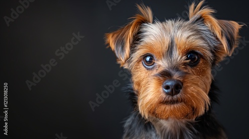 Portrait of cute joyful Yorkshire Terrier, pet dog animal banner with copy space. York portrait