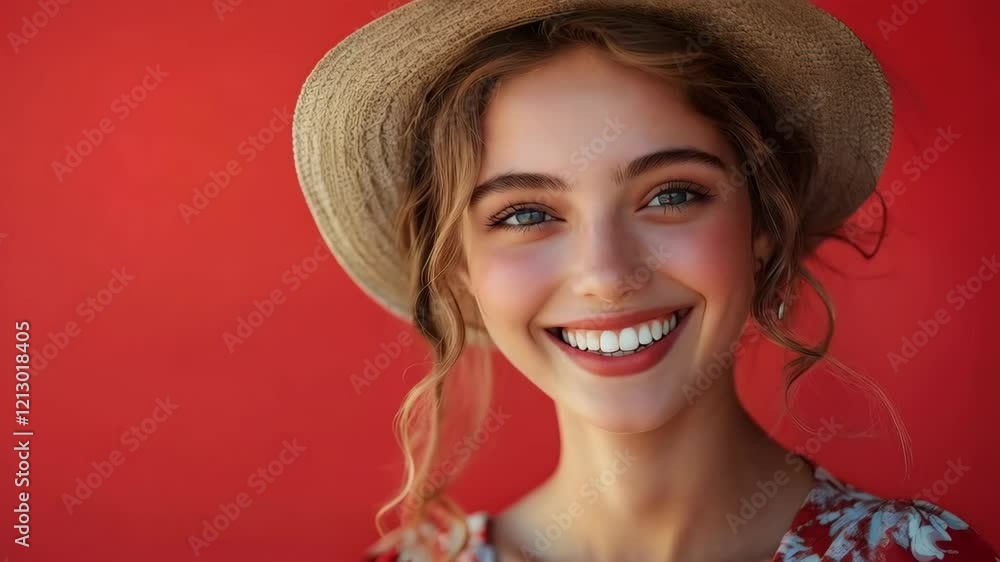Smiling woman in straw hat against vibrant red background Smiling woman in straw hat against vibrant red background