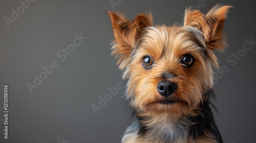 Portrait of cute joyful Yorkshire Terrier, pet dog animal banner with copy space. York portrait