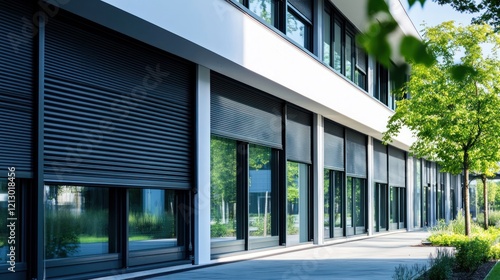 Modern Office Building with Exterior Roller Shutters