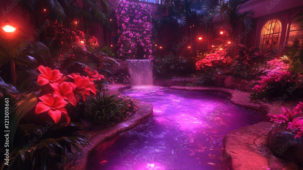 Fototapeta premium Enchanted Waterfall Flows Through Vibrant Tropical Garden at Night, Illuminated by Soft Red and Pink Lights; Serene Oasis of Lush Greenery and Blossoming Flowers Provides Tranquil Escape.