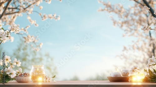 brightly lit haft-seen table outdoors surrounded by blooming trees and traditional nowruz decorations