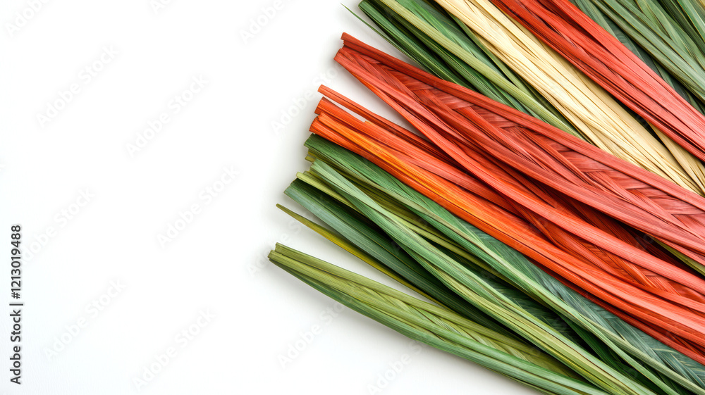 Colorful, thin strips of natural material arranged artistically on a white background, suitable for crafts or decoration. Colorful, thin strips of natural material arranged artistically on a white background, suitable for crafts or decoration.