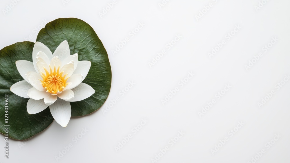 Obraz premium A serene white lotus flower rests on a green leaf, set against a minimalist white background, symbolizing purity and tranquility.