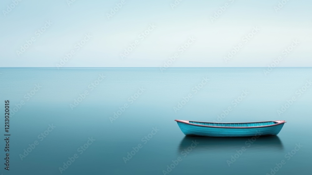 Naklejka premium A serene image of a solitary boat floating on calm water, surrounded by a tranquil blue atmosphere, evoking peace and solitude.