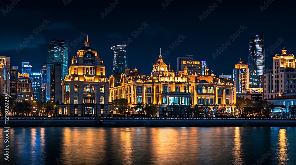 Illuminated Cityscape Waterfront Buildings at Night Illuminated Cityscape Waterfront Buildings at Night