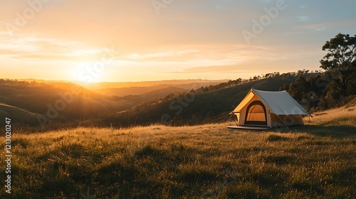 Canvas Tent Sunrise Hilltop Camping Landscape