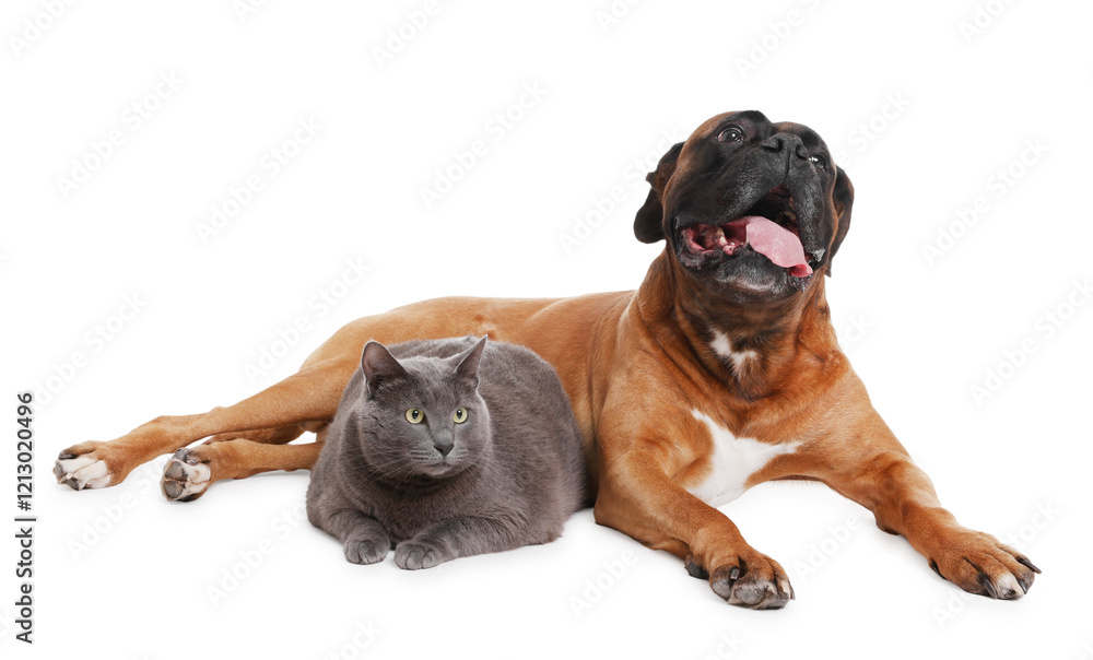 Obraz premium Cute dog and cat lying on white background