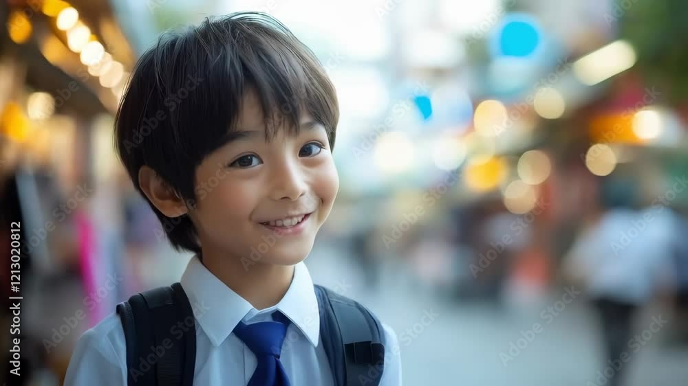 Happy child expresses joy in cityscape with vibrant backgrounds Happy child expresses joy in cityscape with vibrant backgrounds