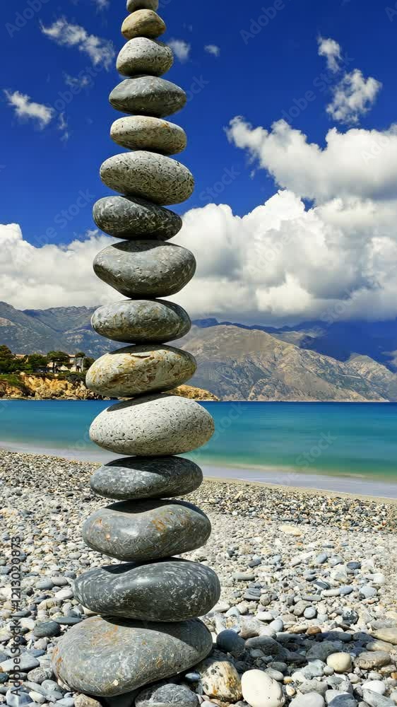Balanced stone tower on a serene beach with mountains and clouds in the background Balanced stone tower on a serene beach with mountains and clouds in the background
