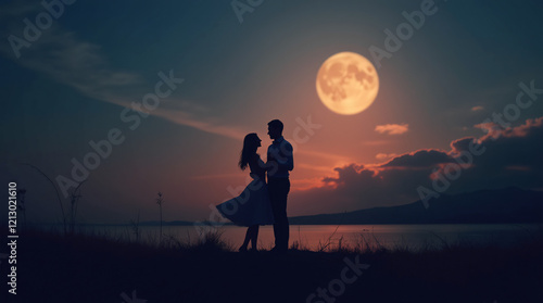couple silhouette, moon on the background