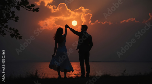 couple silhouette, moon on the background