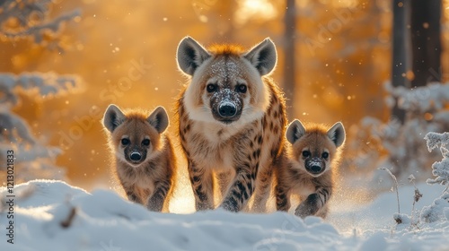 a majestic hyena mother and playful cubs traversing a snowcovered landscape at dawn frostcovered trees in background soft winter light creating ethereal atmosphere photo