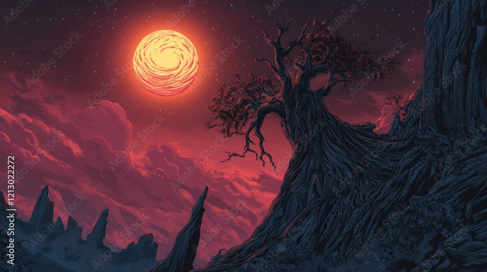 Fototapeta premium Ancient Tree Underneath a Crimson Night Sky