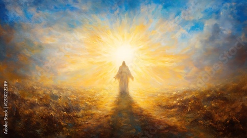 Jesus Christs resurrection depicted at sunrise in oil painting with glowing sunbeam