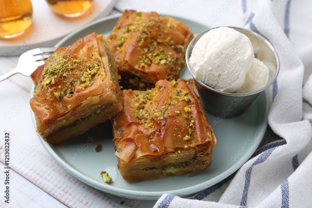 Delicious baklava with crushed nuts and ice cream on light wooden table, closeup Delicious baklava with crushed nuts and ice cream on light wooden table, closeup