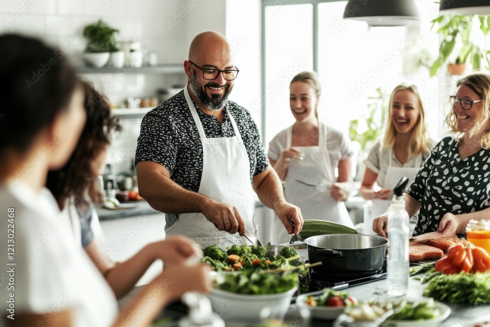 A vegan cooking class, in a bright, open kitchen A vegan cooking class, in a bright, open kitchen