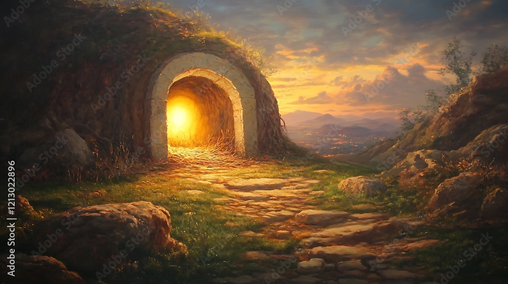 Oil painting of Jesus Christs resurrection at sunrise with an empty tomb and glowing light