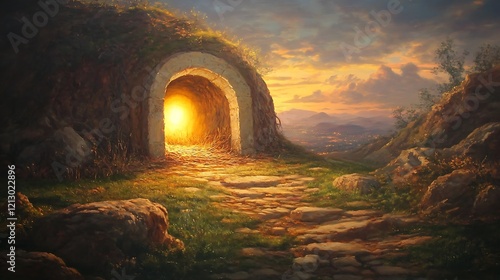 Obraz na płótnie Oil painting of Jesus Christs resurrection at sunrise with an empty tomb and glowing light w salonie