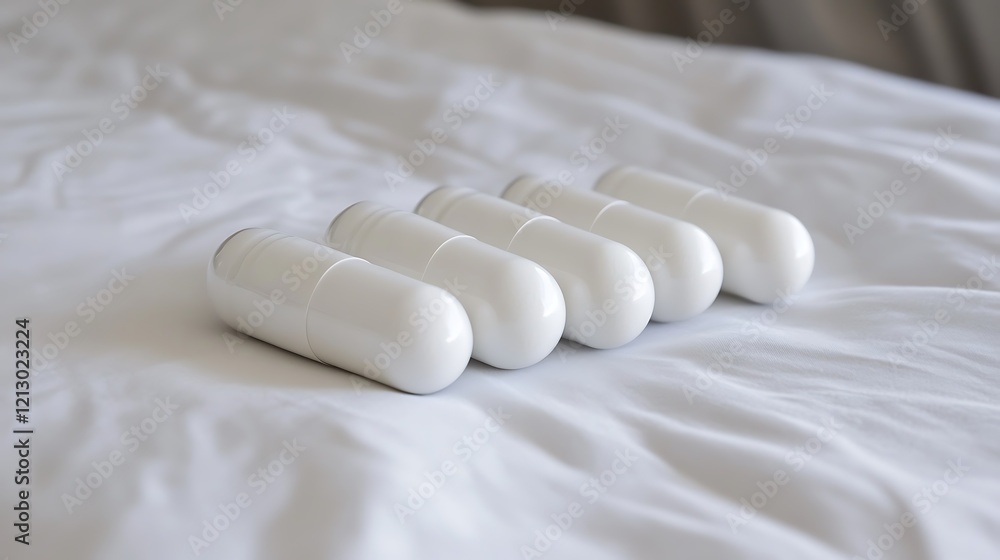 White Capsules Resting On A White Bed Sheet White Capsules Resting On A White Bed Sheet