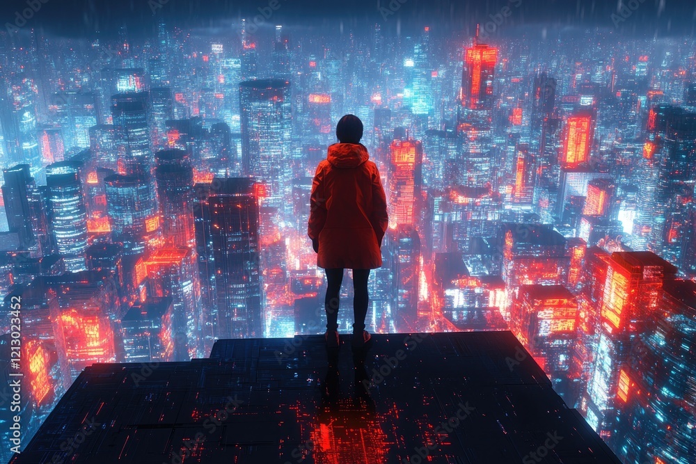 Fototapeta premium Person Observes Futuristic Cityscape at Night: A Digital Art Exploration of Urban Environments and Technological Advancement