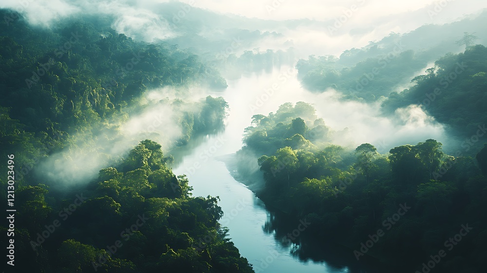 Fototapeta premium Misty River Flows Through Lush Green Rainforest Valley