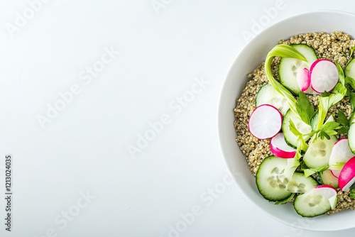 simple and elegant presentation of freekeh salad with cucumber ribbons and radishes captured from above on solid white photo