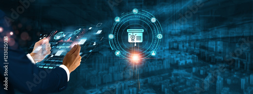 Introduction: Businessman holding virtual interface panel of digital device on global networking, technology, innovation, digital transformation, connectivity, and futuristic technology in futuristic.