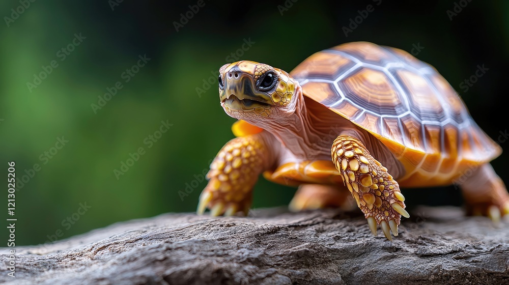 Baby tortoise walking on wood, green blurred background, nature wildlife Baby tortoise walking on wood, green blurred background, nature wildlife