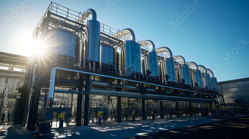 Modern industrial facility with gleaming stainless steel distillation columns under bright sunlight.