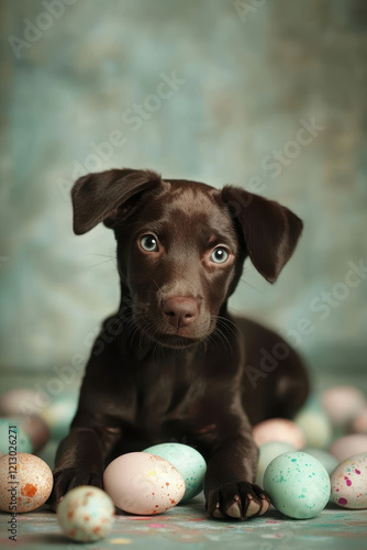 Adorable Chocolate Brown Puppy Amongst Colorful Pastel Easter Eggs in a Festive Spring Portrait photo