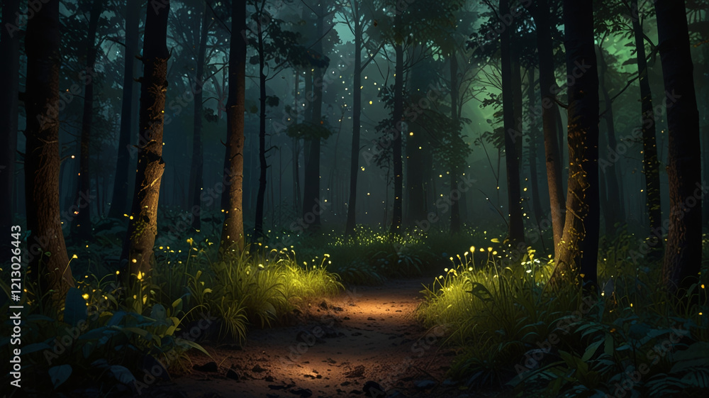 Obraz premium Enchanted forest glowing with fireflies.