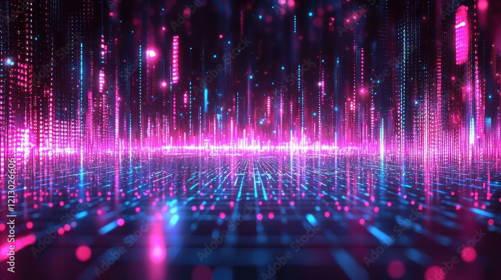 Neon cityscape data stream flowing over grid.