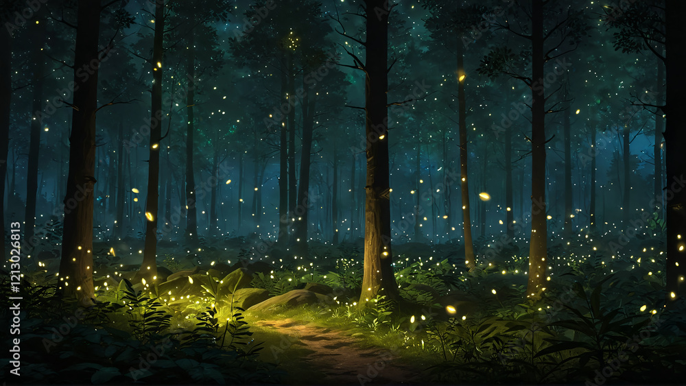 Naklejka premium Enchanted forest glowing with fireflies.