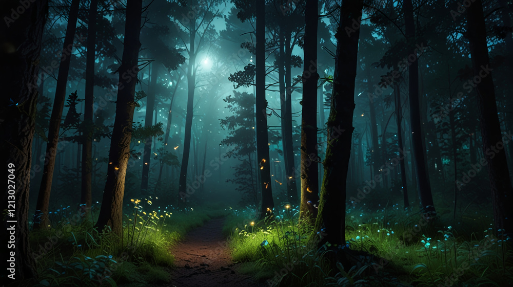 Naklejka premium Enchanted forest glowing with fireflies.