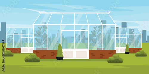 Vector illustration of a modern greenhouse with plants. Cartoon scene landscape with greenhouses and various plants, flowerpots, buildings, bushes, green grass, blue sky. Gardening. Growing plants.