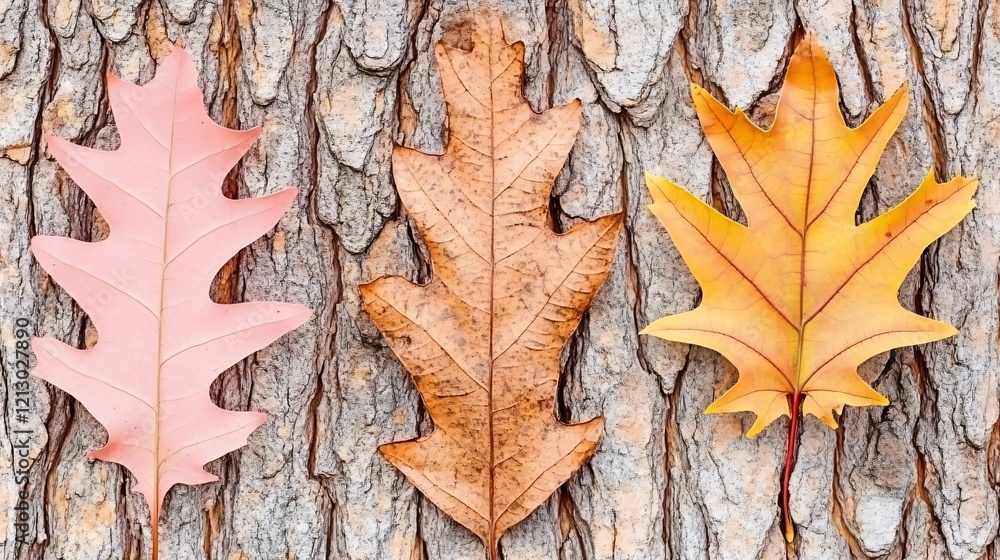 Obraz premium Three Autumn Oak Leaves on Tree Bark Background