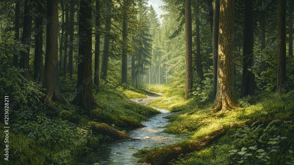 Obraz premium A peaceful forest with a small creek flowing through it, surrounded by dense trees
