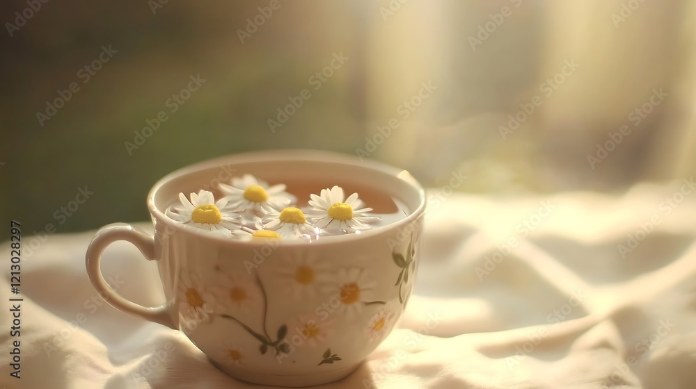 Daisies Float in a Delicate Teacup of Herbal Tea Daisies Float in a Delicate Teacup of Herbal Tea