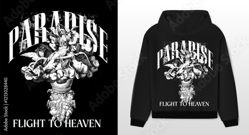 Art design of urban featuring an illustrated angels, victorian illustration. Gothic font texts add an authentic urban, white hoodie and template. Perfect for clothing patterns seeking