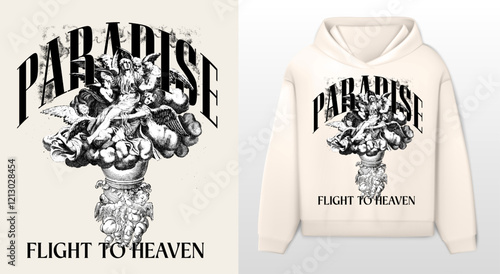 Art design of urban featuring an illustrated angels, victorian illustration. Gothic font texts add an authentic urban, white hoodie and template. Perfect for clothing patterns seeking