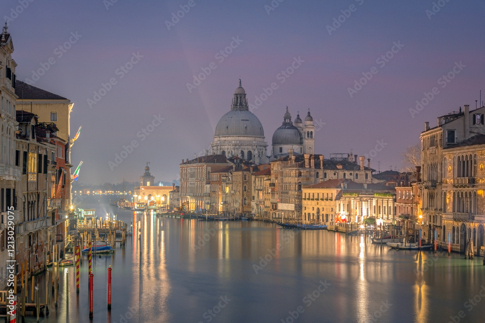 Fototapeta premium 28 November 2015 Venice, italy, Canal grande with historical houses, gondole traditional boats and st may of health Basilica in background