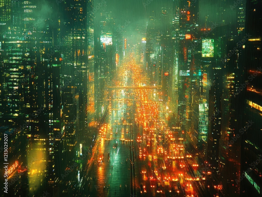 Fototapeta premium Rain-Soaked City at Night: Futuristic Metropolis, Glowing Lights, Urban Landscape, Night Traffic, Neon Signs, Cyberpunk Cityscape, Rainy Atmosphere, City Streets,