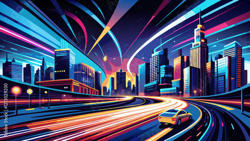Bright trails of light from moving cars create a vibrant pattern against the backdrop of an illuminated urban skyline at night